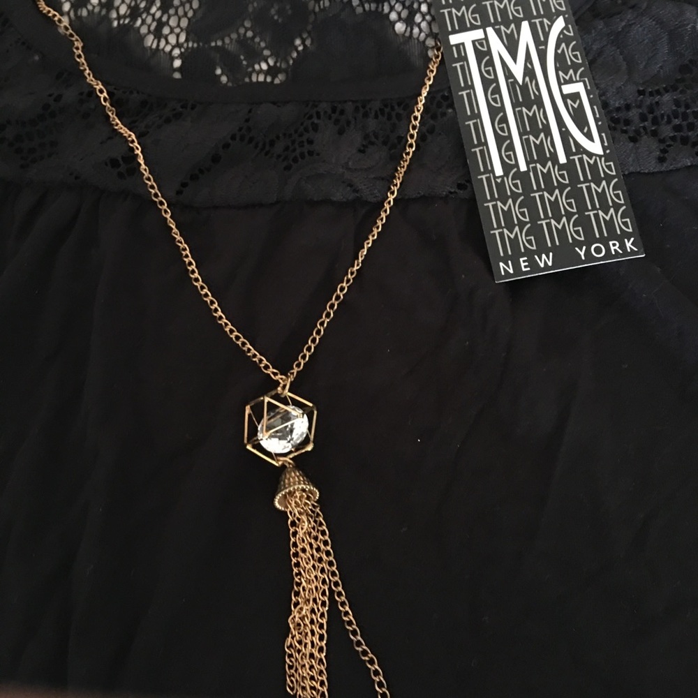 Women’s Black Lacey Blouse Fashion Top W/Chain NWT - Picture 2 of 4